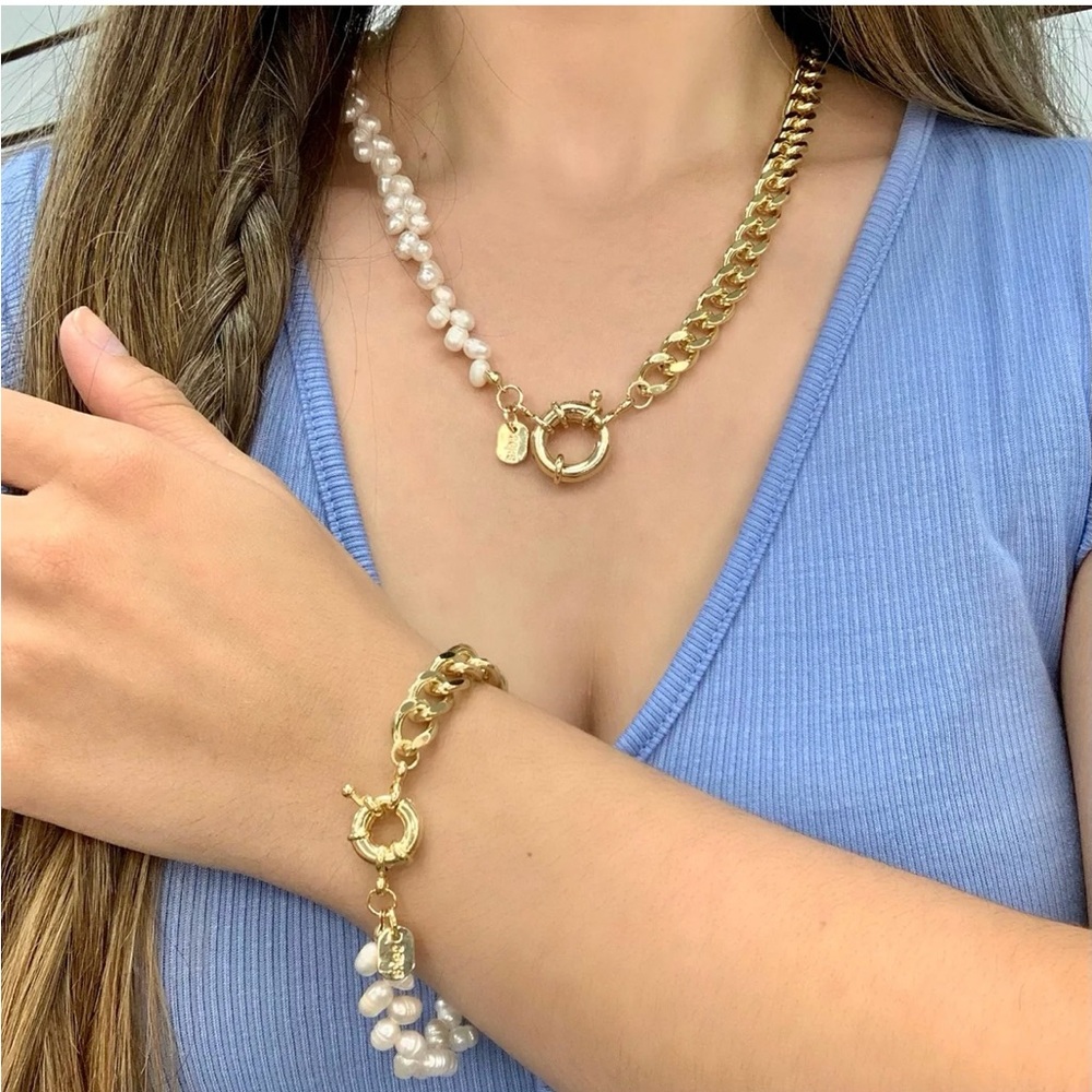 Gold & Pearl Mixed-Link Necklace and Bracelet Set